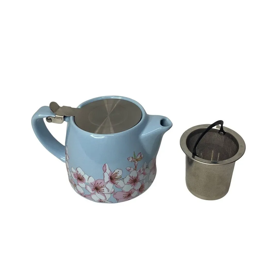Alfred Ceramic‎ and Stainless Steel Teapot 20 oz Blue Pink Floral Cherry Blossom